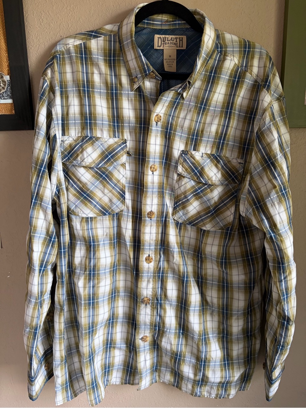Duluth Trading Co Men's Blue & Olive Plaid Button-Down Fishing Shirt